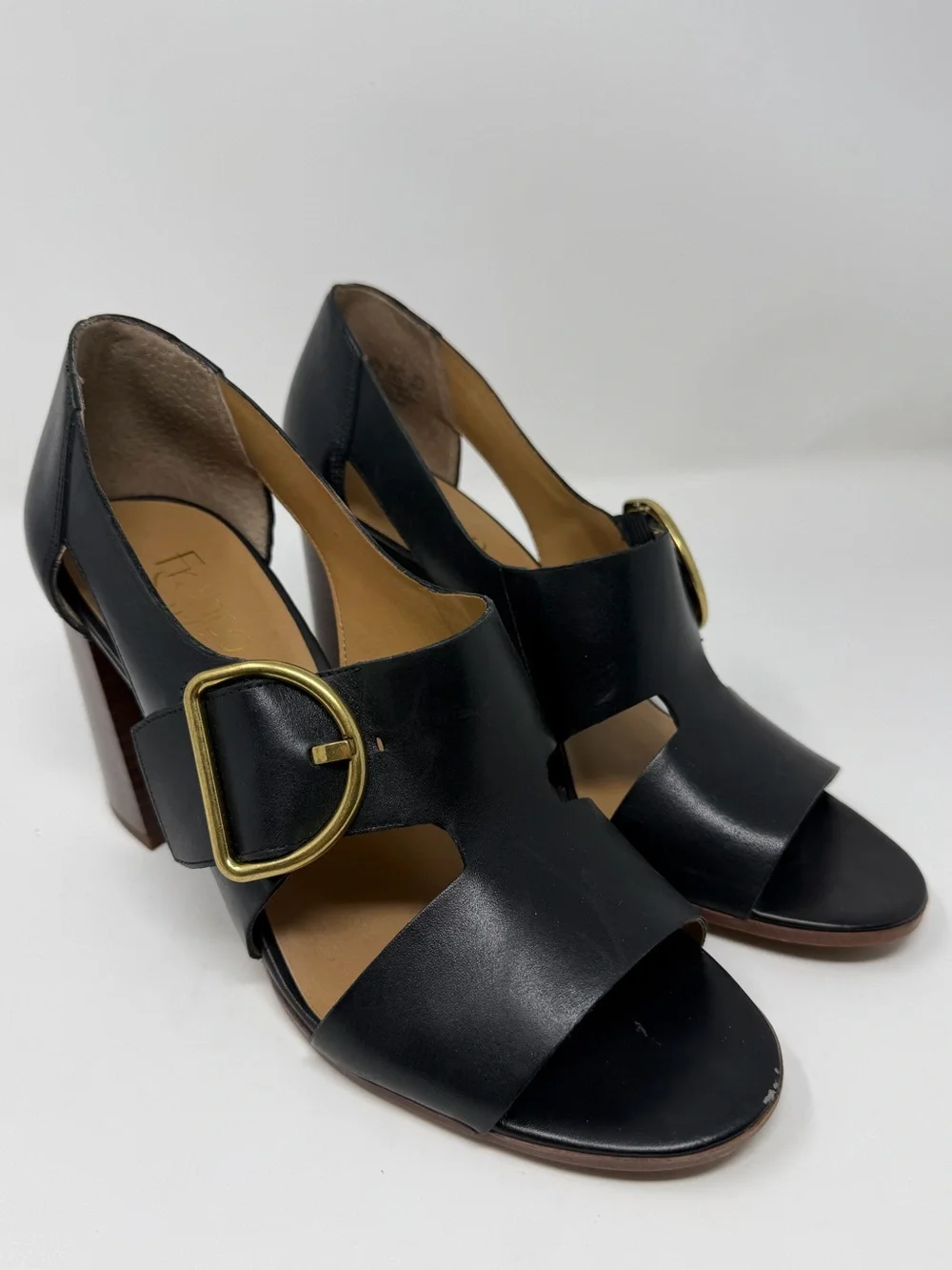 Franco Sarto Black Leather Open-Toe Block Heel Sandals with Gold Buckle Sz. 8.5